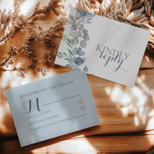 Boho Dusty Blue Floral Wedding RSVP  Kaartje