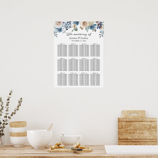 Boho Dusty Blue Floral Wedding Seating Chart Poster (Keuken)