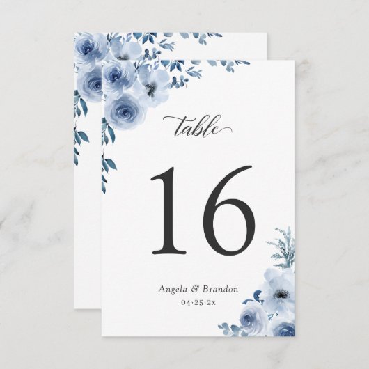 Boho Dusty Blue Floral Wedding Table Number Kaart (Voorkant / Achterkant)