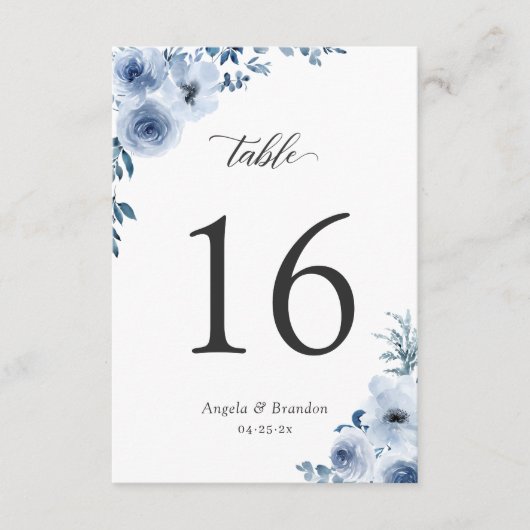 Boho Dusty Blue Floral Wedding Table Number Kaart (Voorkant)