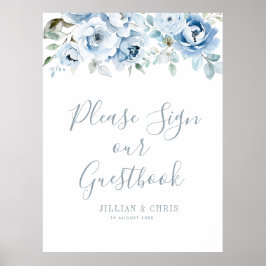 Boho Dusty Blue Florial Wedding Guestbook Sign Poster