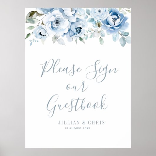 Boho Dusty Blue Florial Wedding Guestbook Sign Poster (Voorkant)