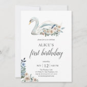 Boho Dusty Blue Flower Swan 1st Birthday Kaart (Voorkant)