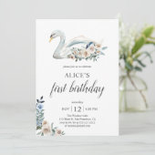 Boho Dusty Blue Flower Swan 1st Birthday Kaart (Staand voorkant)