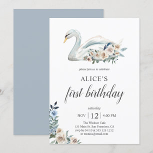 Boho Dusty Blue Flower Swan 1st Birthday Kaart