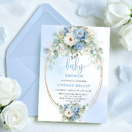 Boho Dusty Blue Flowers Eucalyptus Gold Baby Showe Kaart