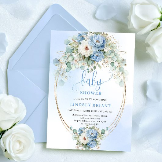 Boho Dusty Blue Flowers Eucalyptus Gold Baby Showe Kaart