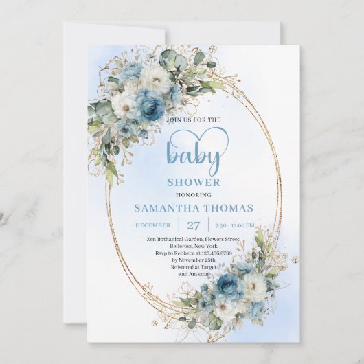 Boho Dusty Blue Flowers Gold Script Baby Shower  Kaart (Voorkant)