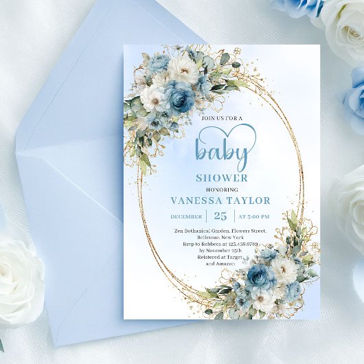 Boho Dusty Blue Flowers Gold Script Baby Shower  Kaart