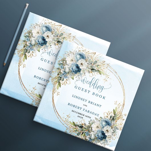 Boho Dusty Blue Flowers Greenery Gold Guest Book Gastenboek