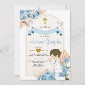 Boho Dusty Blue Flowers Jongen Eerste Heilige Comm Kaart (Voorkant)