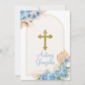 Boho Dusty Blue Flowers Jongen Eerste Heilige Comm Kaart (Achterkant)