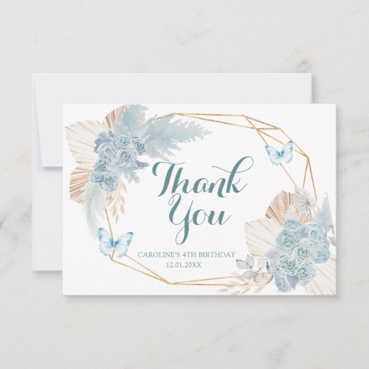 Boho Dusty Blue Flutter op Over Butterfly Verjaard Bedankkaart (Voorkant)