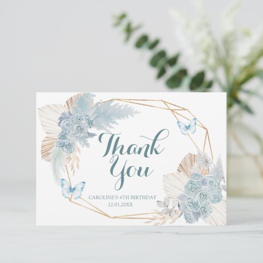 Boho Dusty Blue Flutter op Over Butterfly Verjaard Bedankkaart (Staand voorkant)