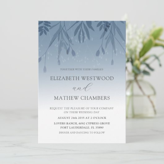 Boho Dusty Blue Foliage Wedding Invitatio Kaart (Staand voorkant)