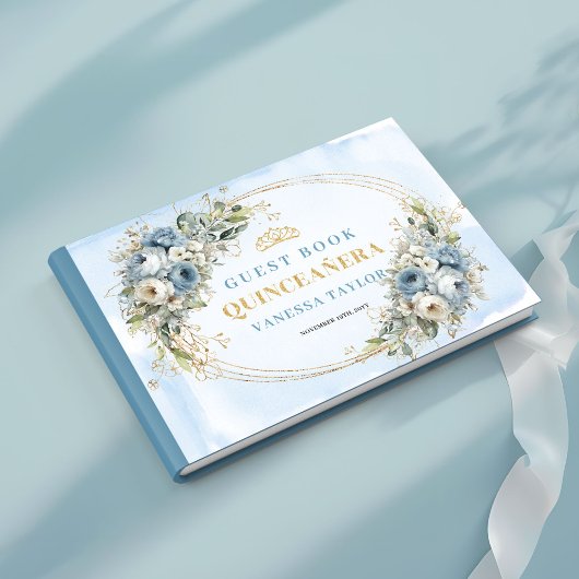 Boho Dusty Blue Gold Eucalyptus Floral Guestbook Gastenboek