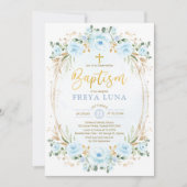Boho Dusty Blue Gold Garden Floral Baptisme Kaart (Voorkant)