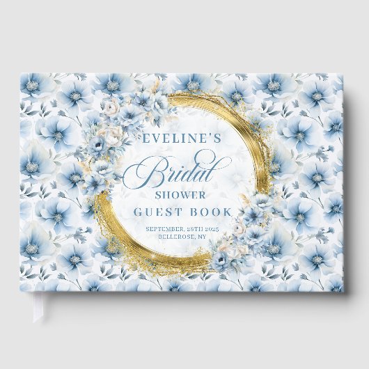 Boho Dusty Blue Gold Glitter Flowers Vrijgezellenf Gastenboek (Voorkant)