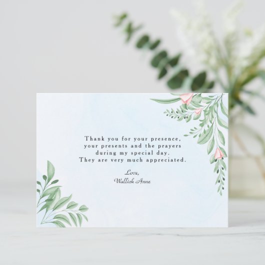 Boho Dusty Blue Greenery Baptism Foto Bedankkaart (Staand voorkant)