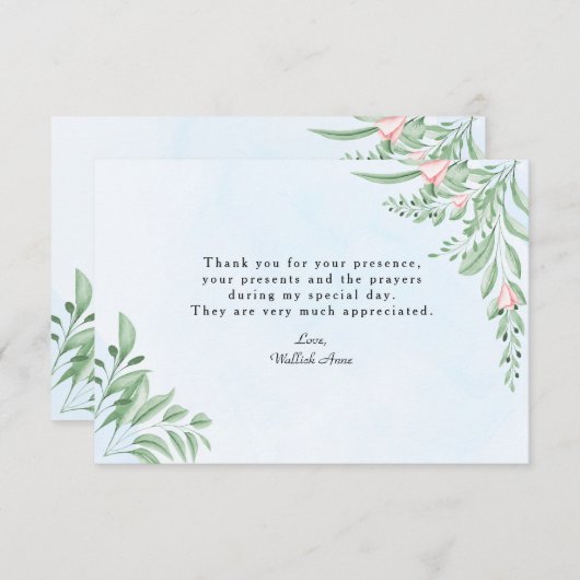 Boho Dusty Blue Greenery Baptism Foto Bedankkaart (Voorkant / Achterkant)