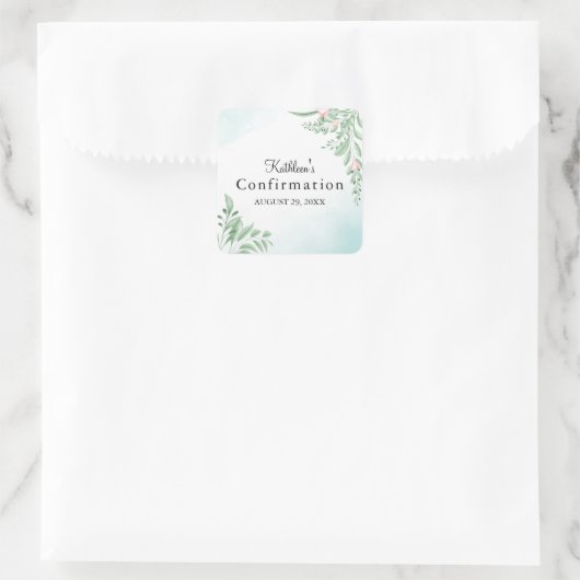 Boho Dusty Blue Greenery Eerste Heilige Bevestigin Vierkante Sticker (Tas)