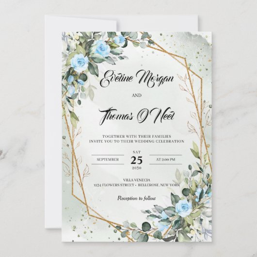 Boho dusty blue greenery en gouden lijst kaart (Voorkant)