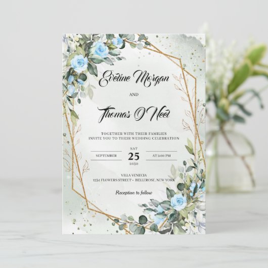 Boho dusty blue greenery en gouden lijst kaart (Staand voorkant)