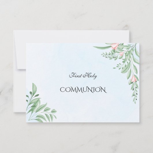 Boho Dusty Blue Greenery Heilige Communie Bedankkaart (Achterkant)