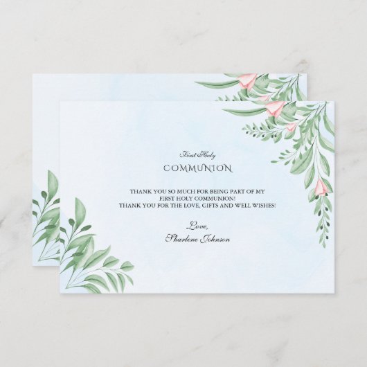 Boho Dusty Blue Greenery Heilige Communie Bedankkaart (Voorkant / Achterkant)