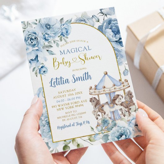 Boho Dusty Blue Magical Carrousel Baby shower Kaart