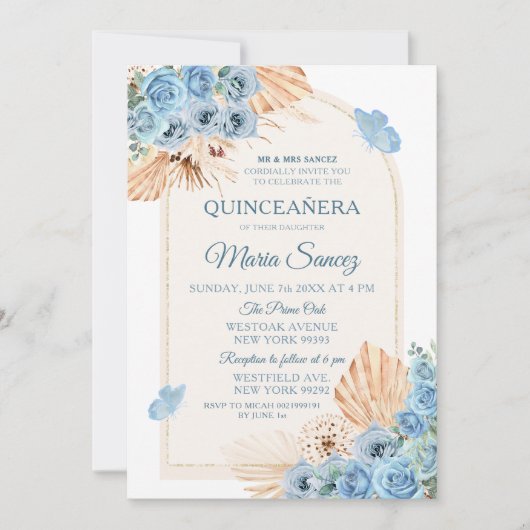 Boho Dusty Blue Mexican Girl Quinceañera Kaart (Voorkant)