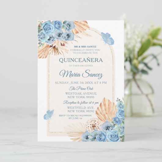 Boho Dusty Blue Mexican Girl Quinceañera Kaart (Staand voorkant)