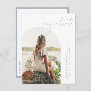 Boho Dusty Blue Minimalist Arch Foto Afstuderen Aankondigingskaart