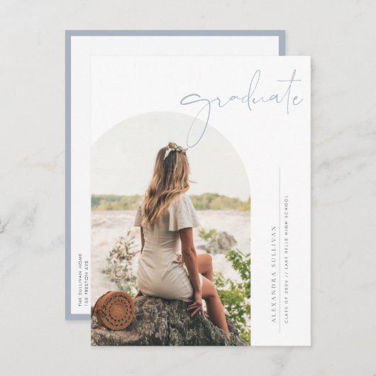 Boho Dusty Blue Minimalist Arch Foto Afstuderen Uitnodiging Briefkaart (Voorkant / Achterkant)