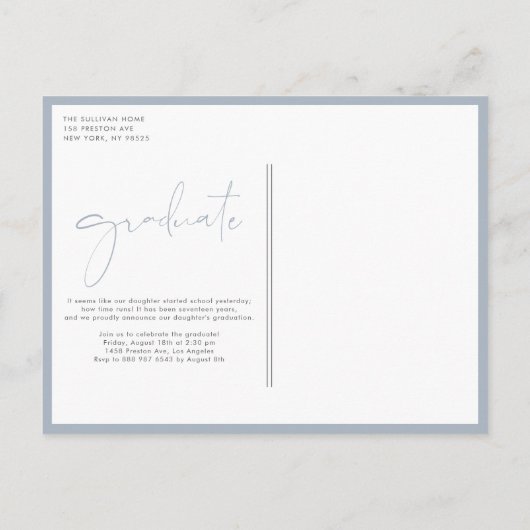 Boho Dusty Blue Minimalist Arch Foto Afstuderen Uitnodiging Briefkaart (Achterkant)