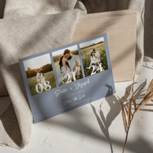 Boho Dusty Blue Moderne Drie Foto's Chique Bruilof Save The Date