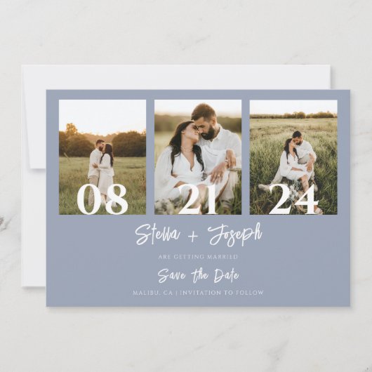 Boho Dusty Blue Moderne Drie Foto's Chique Bruilof Save The Date (Voorkant)