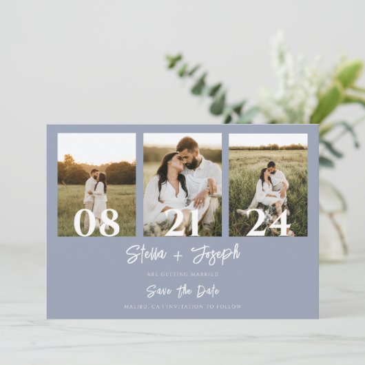 Boho Dusty Blue Moderne Drie Foto's Chique Bruilof Save The Date (Staand voorkant)