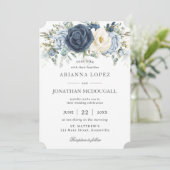 Boho Dusty Blue Navy Ivoor Bloemen Sage Bruiloft Kaart (Staand voorkant)