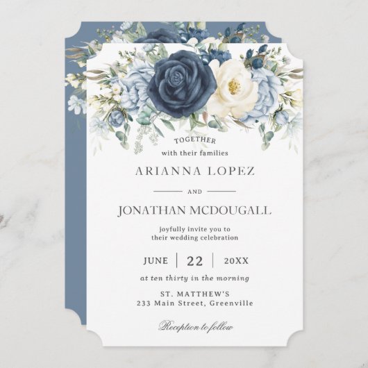 Boho Dusty Blue Navy Ivoor Bloemen Sage Bruiloft Kaart (Voorkant / Achterkant)
