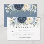 Boho Dusty Blue Navy Ivoor Bloemen Sage Bruiloft RSVP Kaartje (Voorkant / Achterkant)