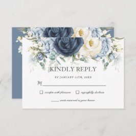 Boho Dusty Blue Navy Ivoor Bloemen Sage Bruiloft RSVP Kaartje