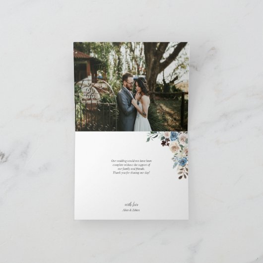 Boho Dusty Blue Neutral Flowers Wedding Bedankkaart (Binnen)