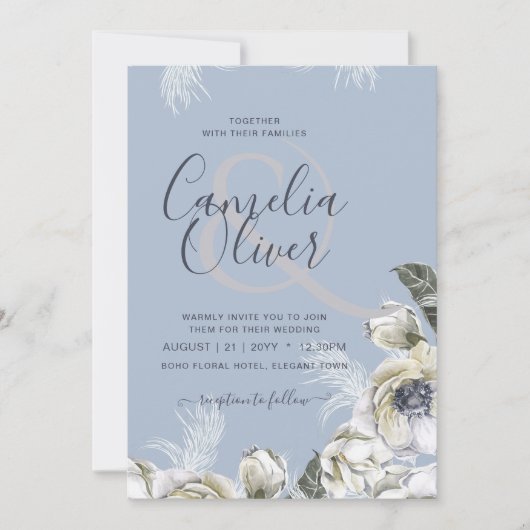 BOHO Dusty Blue Pampas Floral Wedding Kaart (Voorkant)