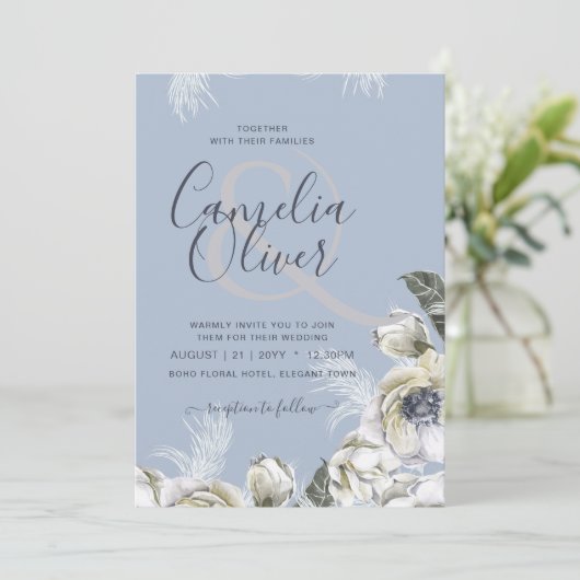 BOHO Dusty Blue Pampas Floral Wedding Kaart (Staand voorkant)