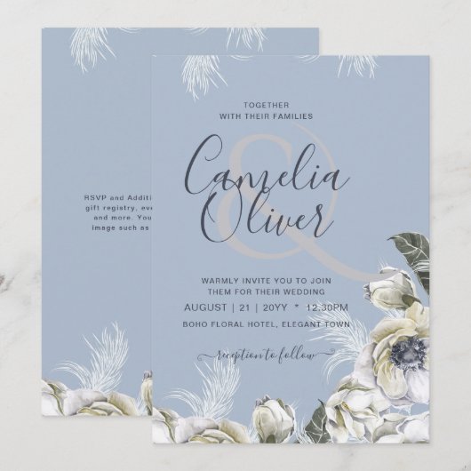 BOHO Dusty Blue Pampas Floral Wedding Kaart (Voorkant / Achterkant)