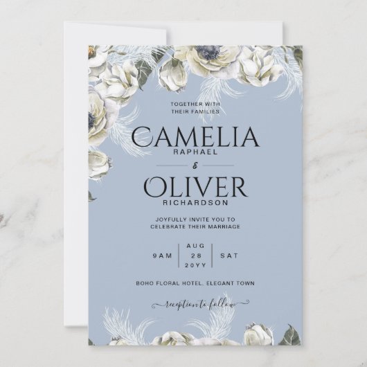 BOHO Dusty Blue Pampas Floral Wedding Kaart (Voorkant)