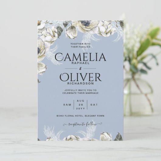 BOHO Dusty Blue Pampas Floral Wedding Kaart (Staand voorkant)