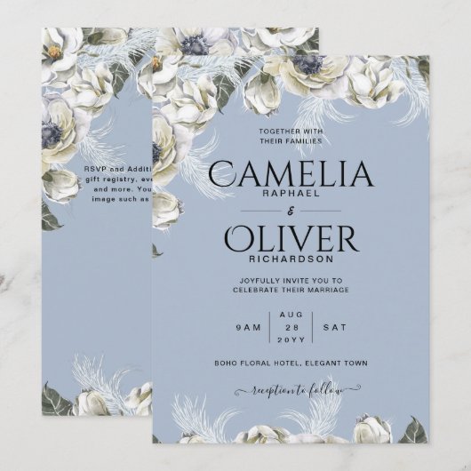 BOHO Dusty Blue Pampas Floral Wedding Kaart (Voorkant / Achterkant)