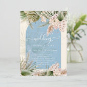 BOHO Dusty Blue Peach Pampas Grass Wedding Kaart (Staand voorkant)